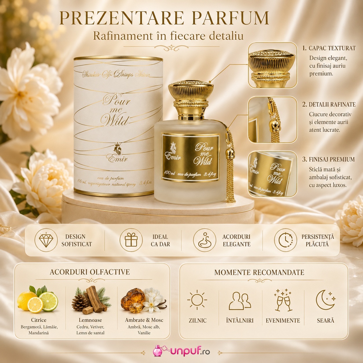 Prezentare parfum Pour Me Wild Emir cu acorduri olfactive citrice lemnoase ambrate și mosc