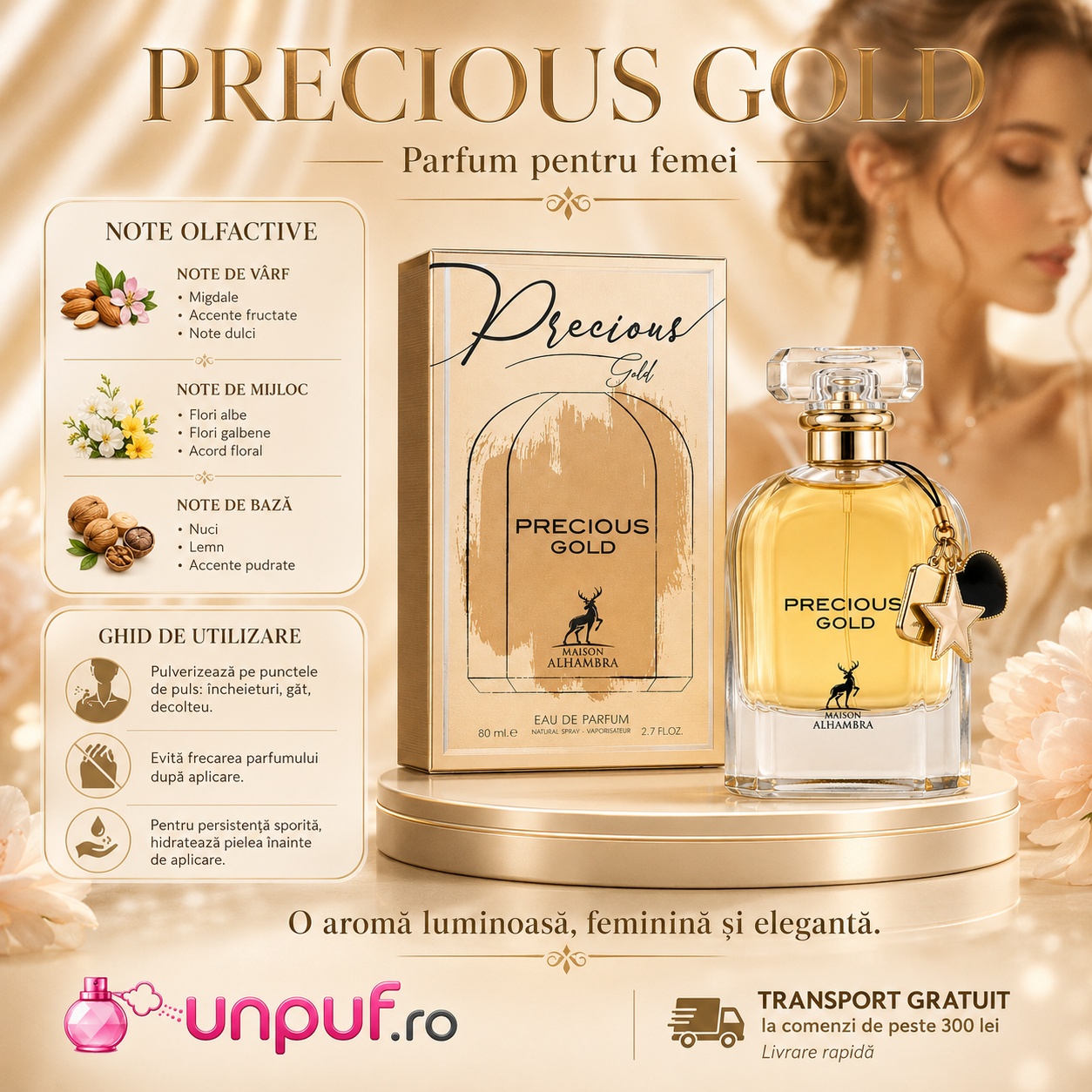 Ghid de utilizare Precious Gold Maison Alhambra parfum cu migdale, accente fructate, flori albe, flori galbene, lemn, nuci și note pudrate