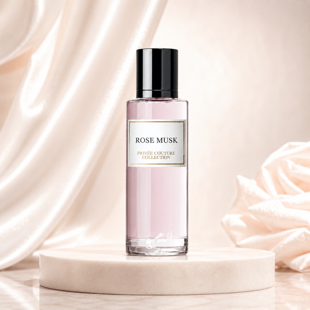 Sticlă parfum Rose Musk Privee Couture Collection 30 ml roz delicat cu capac negru lucios