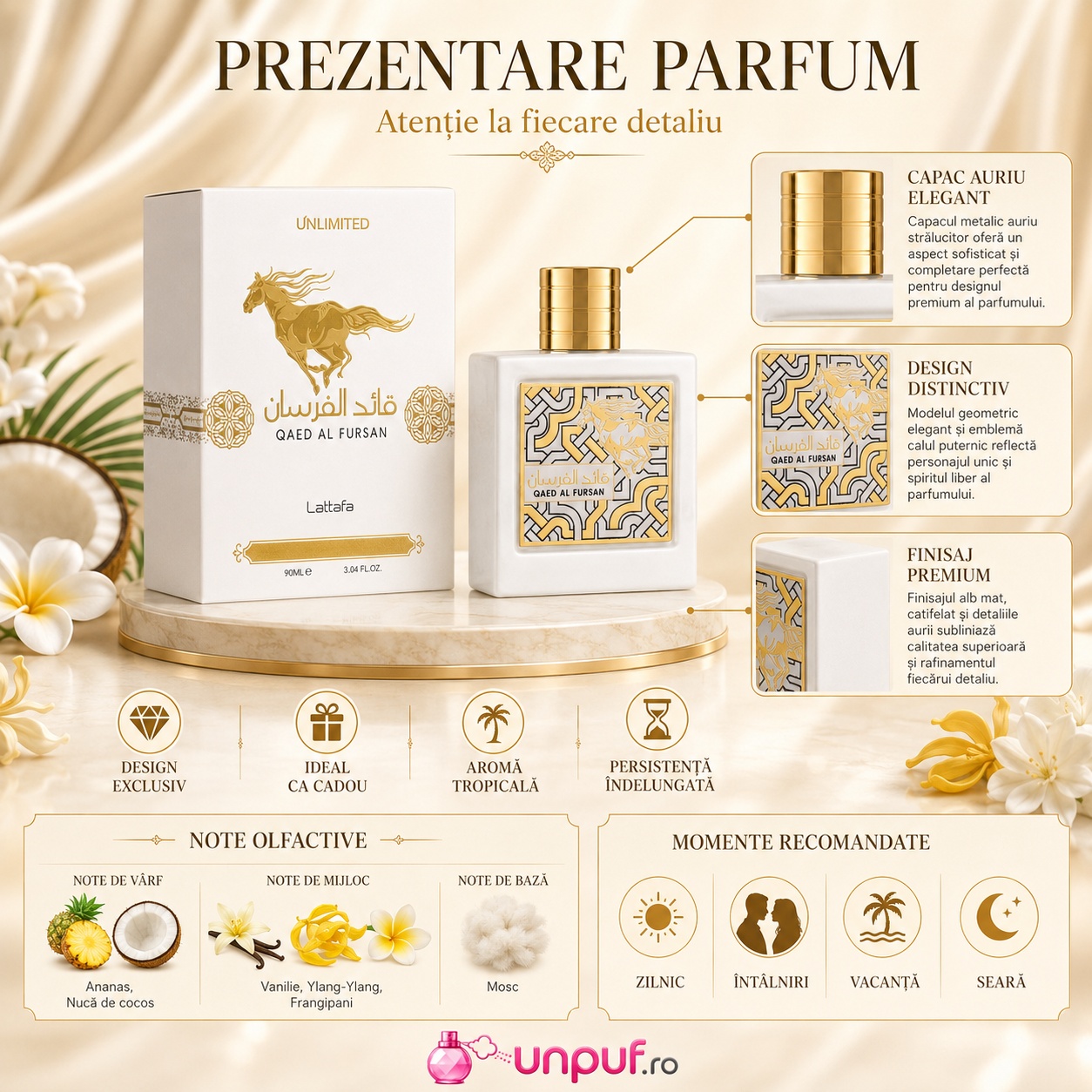 Prezentare parfum Qaed Al Fursan Unlimited Lattafa cu note tropicale, ananas, nucă de cocos, vanilie, ylang ylang, frangipani și mosc