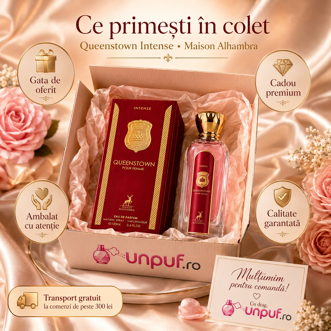 Ce primești &icirc;n colet Queenstown Intense Maison Alhambra parfum arabesc de damă ambalat cu atenție de unpuf.ro