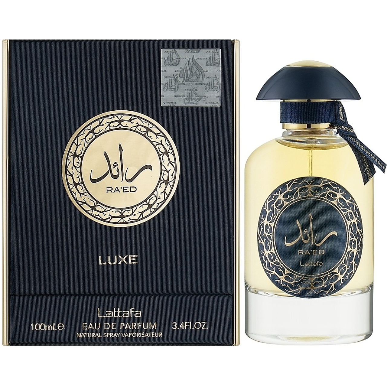 Ra&rsquo;Ed Luxe Gold Lattafa 100 ml sticlă și cutie produs pe fundal alb