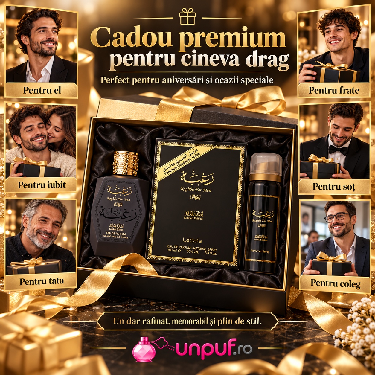 Raghba For Man Lattafa set cadou premium pentru bărbați cu parfum și deodorant spray