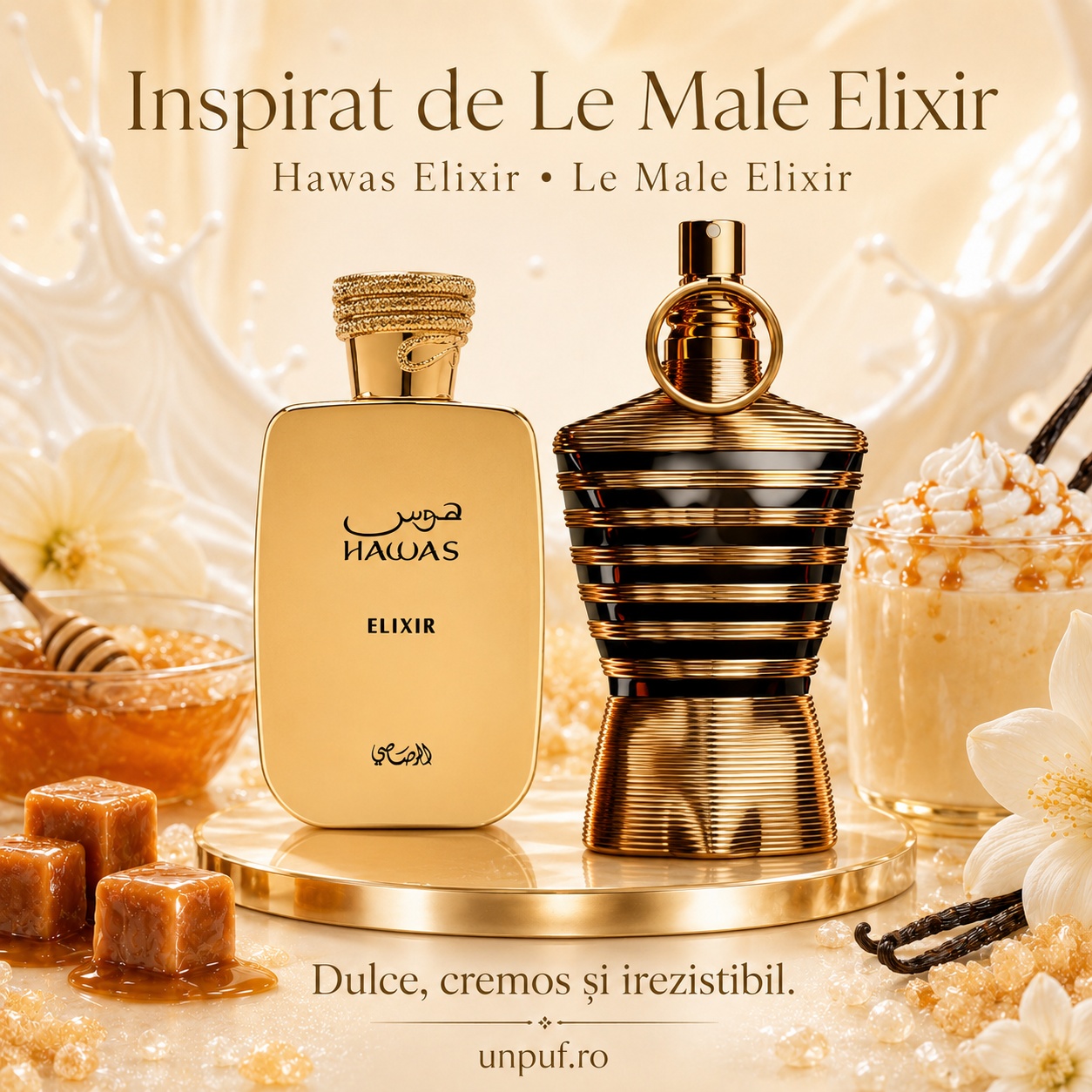Rasasi Hawas Elixir inspirat de Le Male Elixir, parfum dulce, cremos și irezistibil