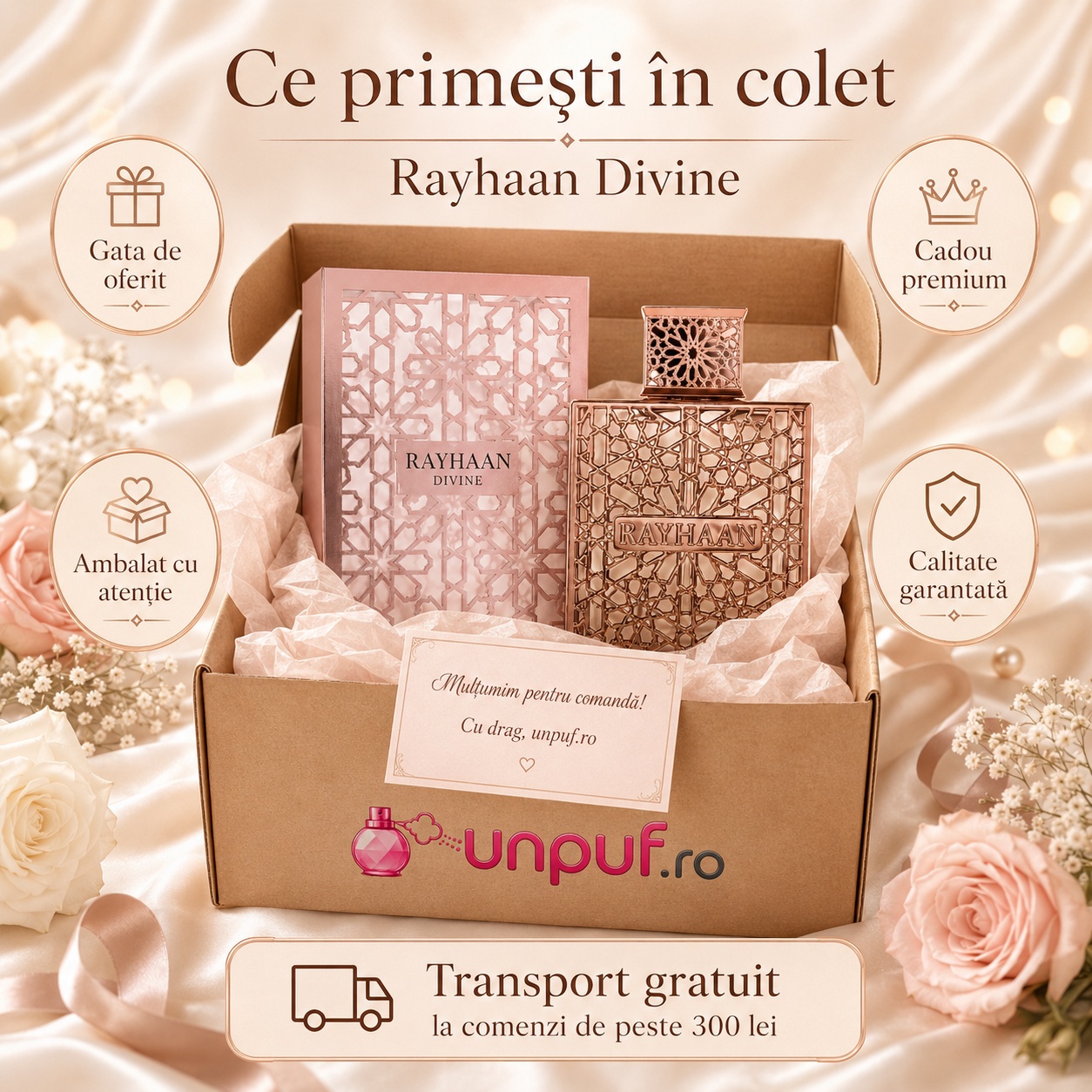 Ce primești în colet Rayhaan Divine 100 ml, parfum original ambalat cu atenție și cadou premium