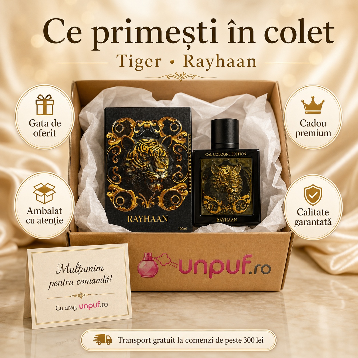 Ce primești în colet Rayhaan Tiger 100 ml, parfum original ambalat cu atenție și cadou premium