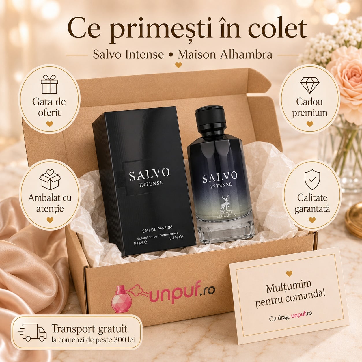 Ce primești &icirc;n colet Salvo Intense Maison Alhambra parfum arabesc bărbătesc ambalat cu atenție de unpuf.ro