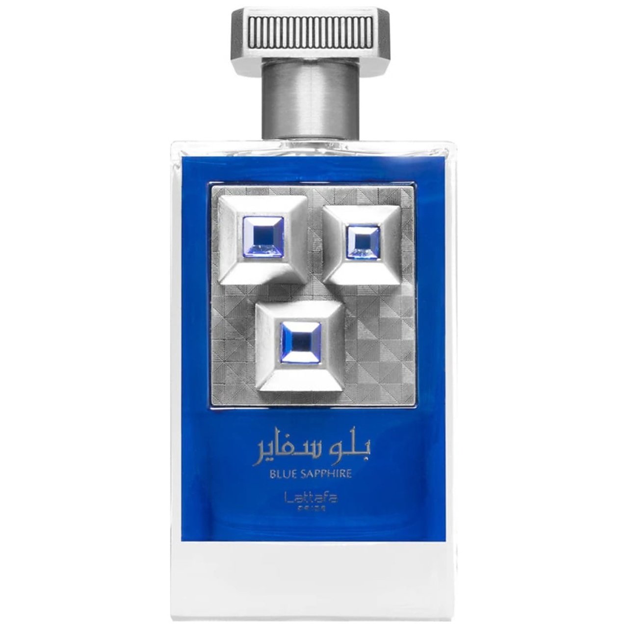 Flacon Sapphire Blue Lattafa Pride 100 ml albastru safir cu detalii geometrice argintii