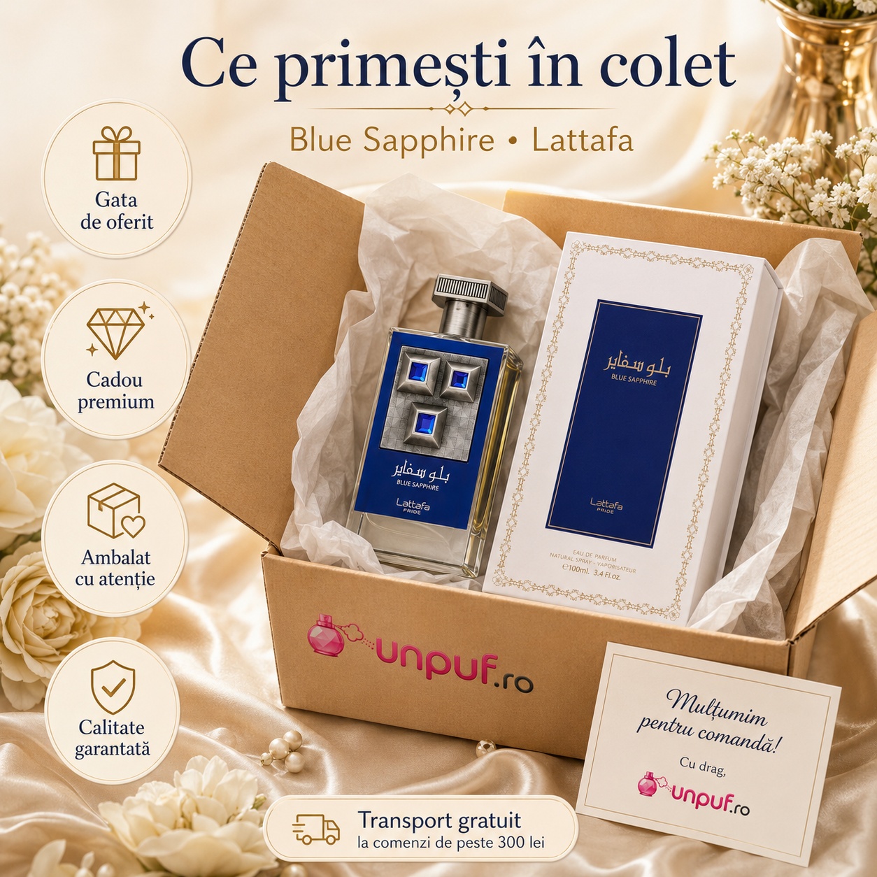 Ce primești &icirc;n colet Sapphire Blue Lattafa Pride parfum arabesc bărbătesc ambalat cu atenție de unpuf.ro