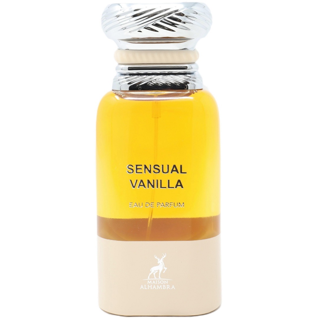 Flacon Sensual Vanilla Maison Alhambra 80 ml cu lichid auriu, bază crem și capac argintiu