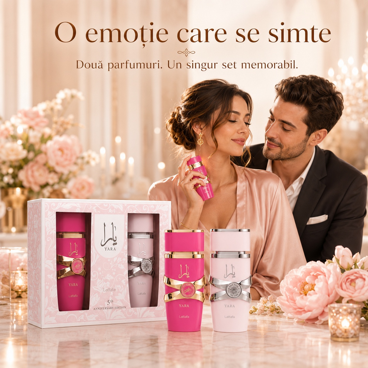Prezentare Lattafa Yara Set 2 x 100 ml, parfumuri feminine dulci și vanilate