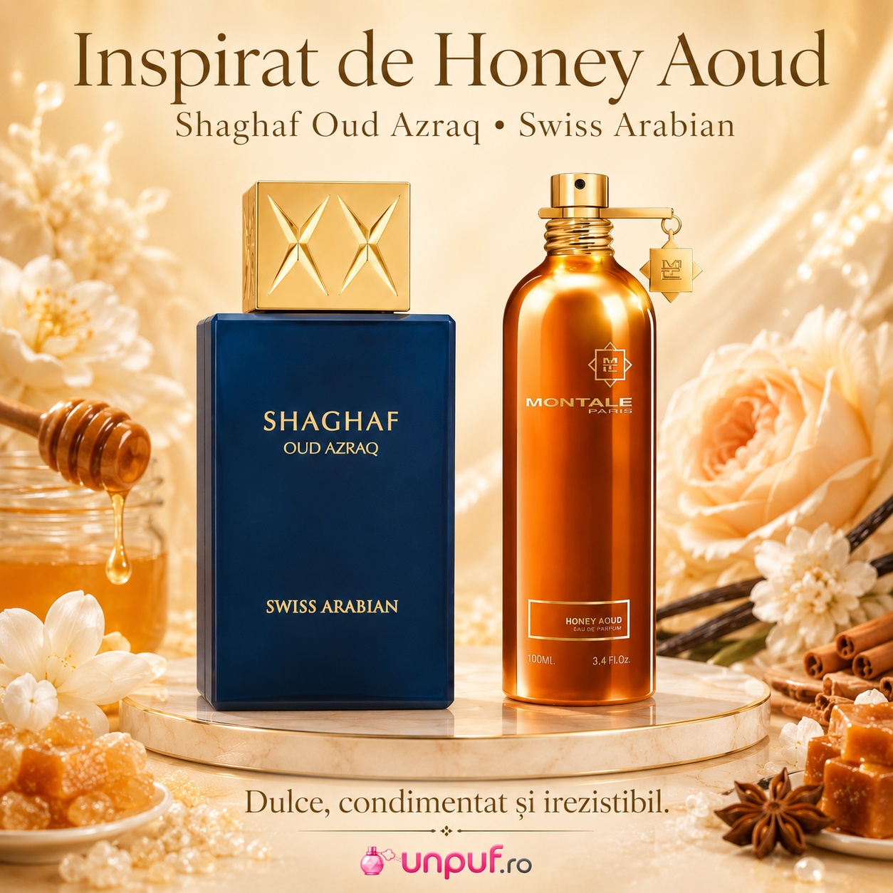 Shaghaf Oud Azraq inspirat de Honey Aoud parfum dulce condimentat oriental și irezistibil