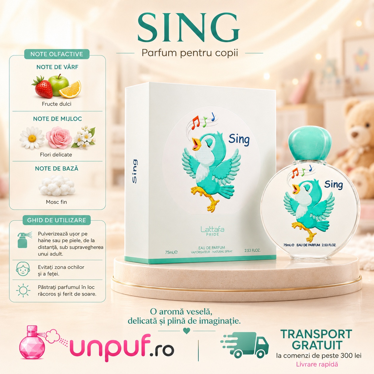 Sing Lattafa Pride parfum pentru copii cu note olfactive fructe dulci, flori delicate și mosc fin, ghid de utilizare