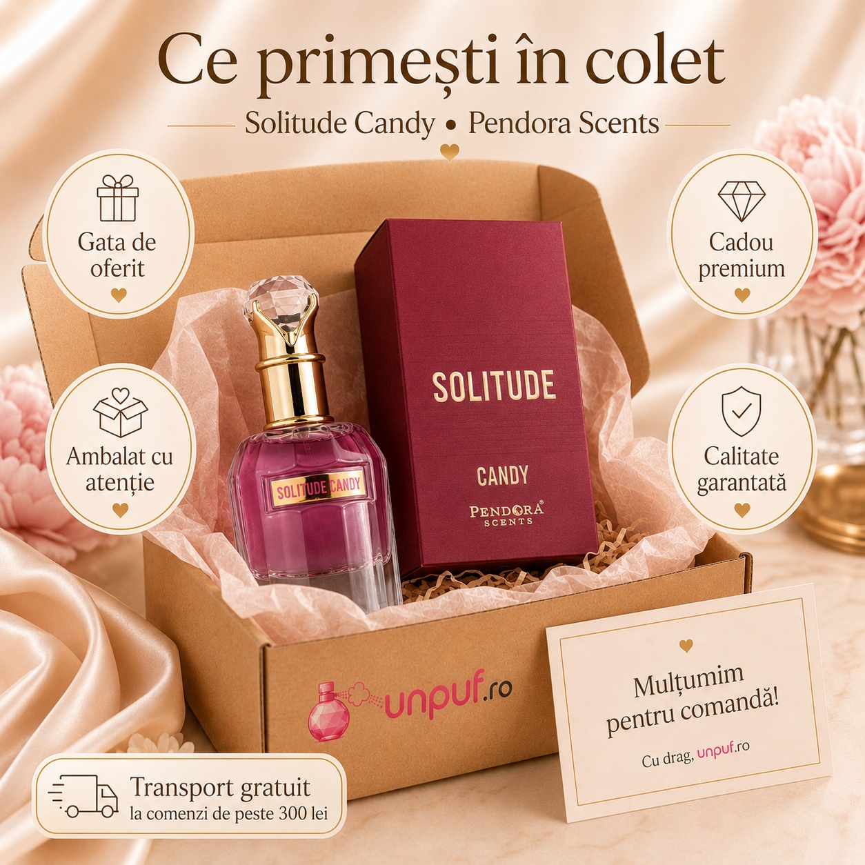 Ce primești în colet Solitude Candy Pendora Scents 100 ml, parfum original, cutie premium și transport gratuit peste 300 lei