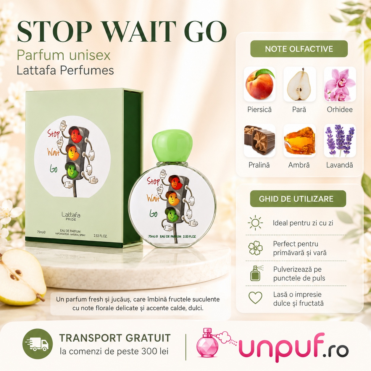 Stop Wait Go Lattafa Pride parfum unisex cu note olfactive piersică pară orhidee pralină ambră lavandă și ghid de utilizare