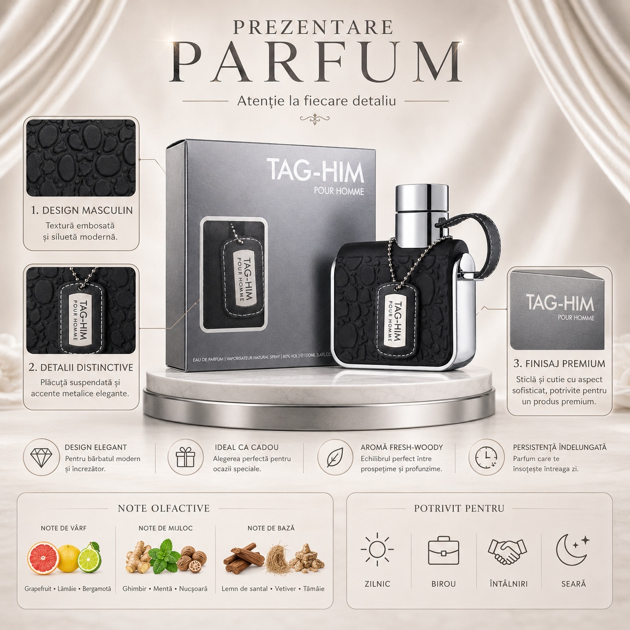 Tag For Him Armaf prezentare parfum cu note de grepfrut lăm&acirc;ie bergamotă ghimbir mentă nucșoară lemn de santal și vetiver