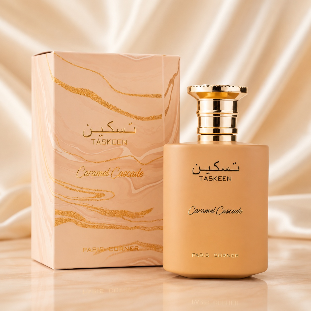 Parfum Arăbesc Taskeen Caramel Cascade Paris Corner 100 ml Apă de Parfum Unisex cu sticlă caramel și cutie crem aurie