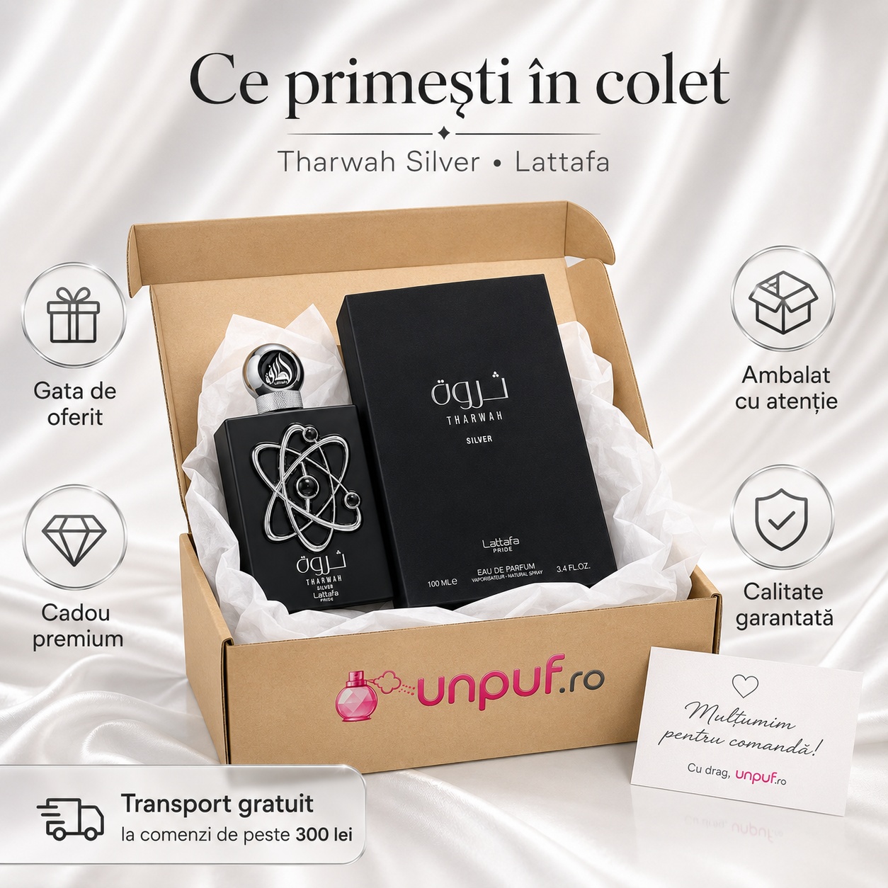 Ce primești &icirc;n colet Tharwah Silver Lattafa Pride parfum arabesc bărbătesc ambalat cu atenție de unpuf.ro