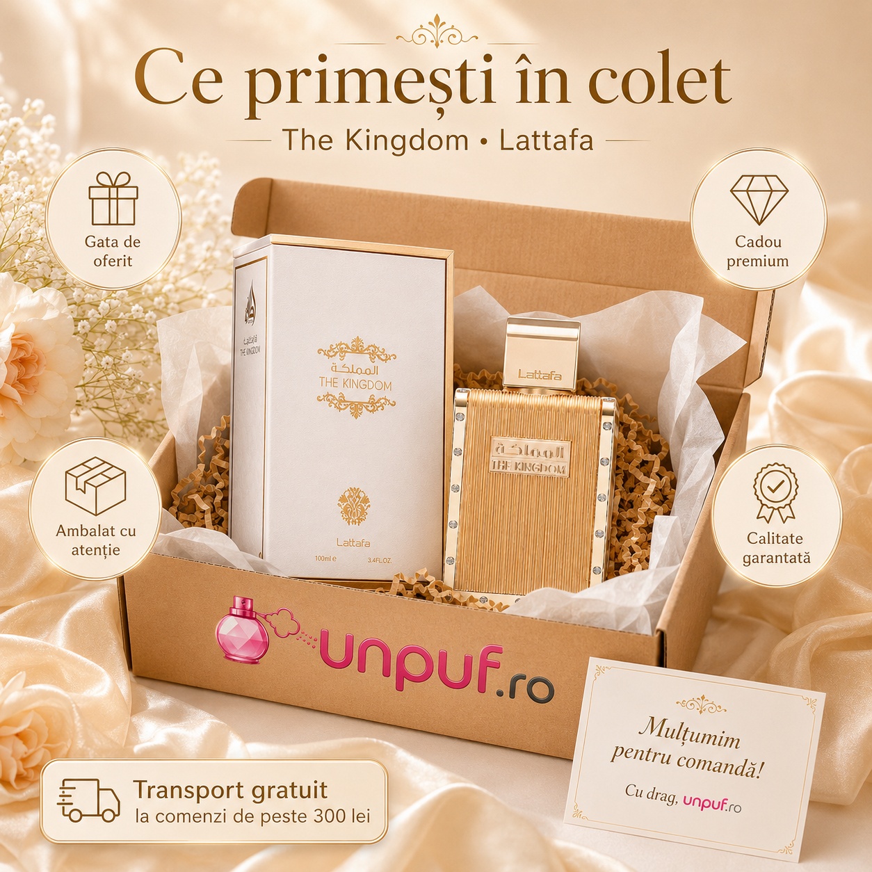Ce primești &icirc;n colet The Kingdom Men Lattafa parfum arabesc bărbătesc ambalat cu atenție de unpuf.ro