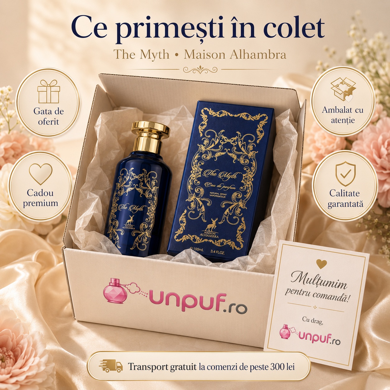 Ce primești &icirc;n colet The Myth Maison Alhambra parfum arabesc unisex ambalat cu atenție de unpuf.ro