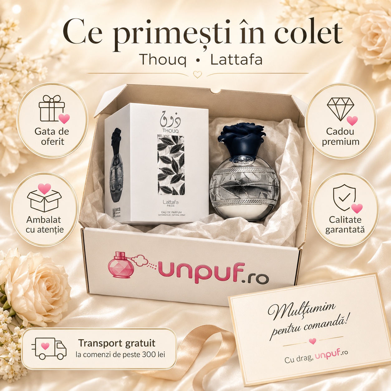 Ce primești &icirc;n colet Thouq Lattafa Pride parfum arabesc unisex ambalat cu atenție de unpuf.ro, gata de oferit cadou