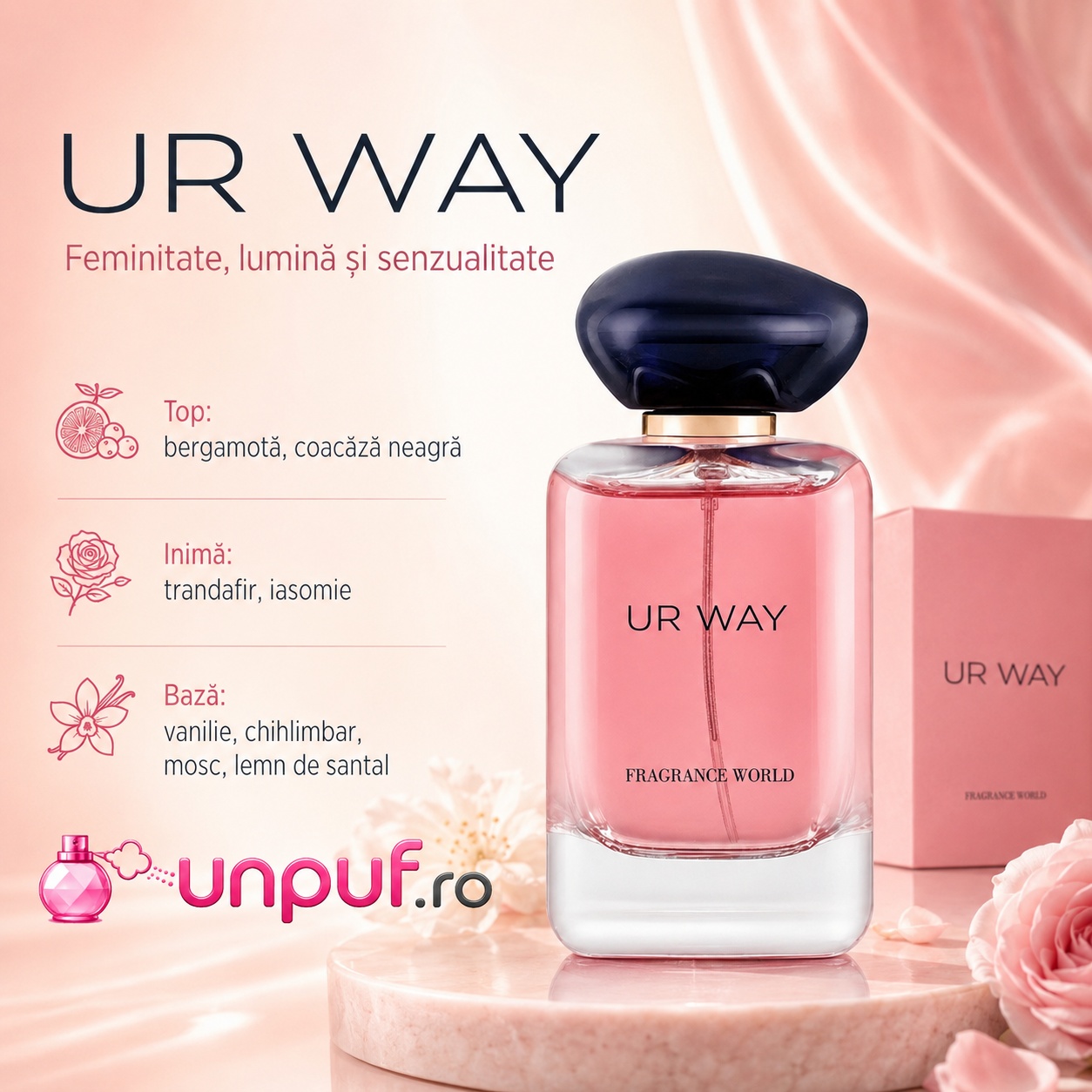 UR Way Fragrance World feminitate lumină și senzualitate cu bergamotă coacăză neagră trandafir iasomie vanilie chihlimbar mosc și lemn de santal