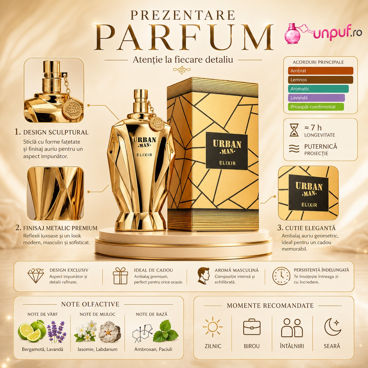 Prezentare parfum Urban Man Elixir Fragrance World cu detalii despre flacon, cutie, note olfactive și momente recomandate