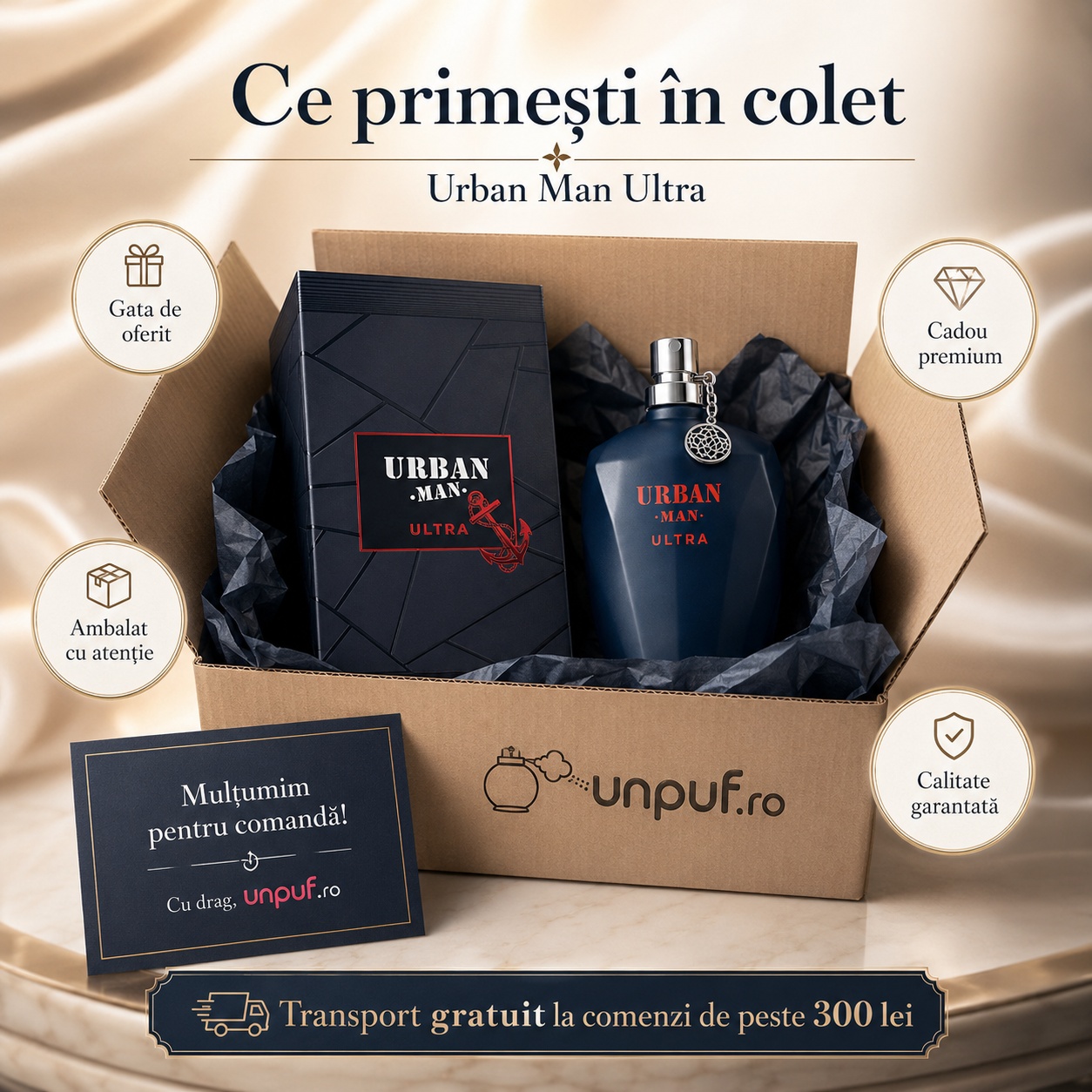 Ce primești în colet Urban Man Ultra Fragrance World parfum 90 ml ambalat cu atenție și pregătit pentru cadou