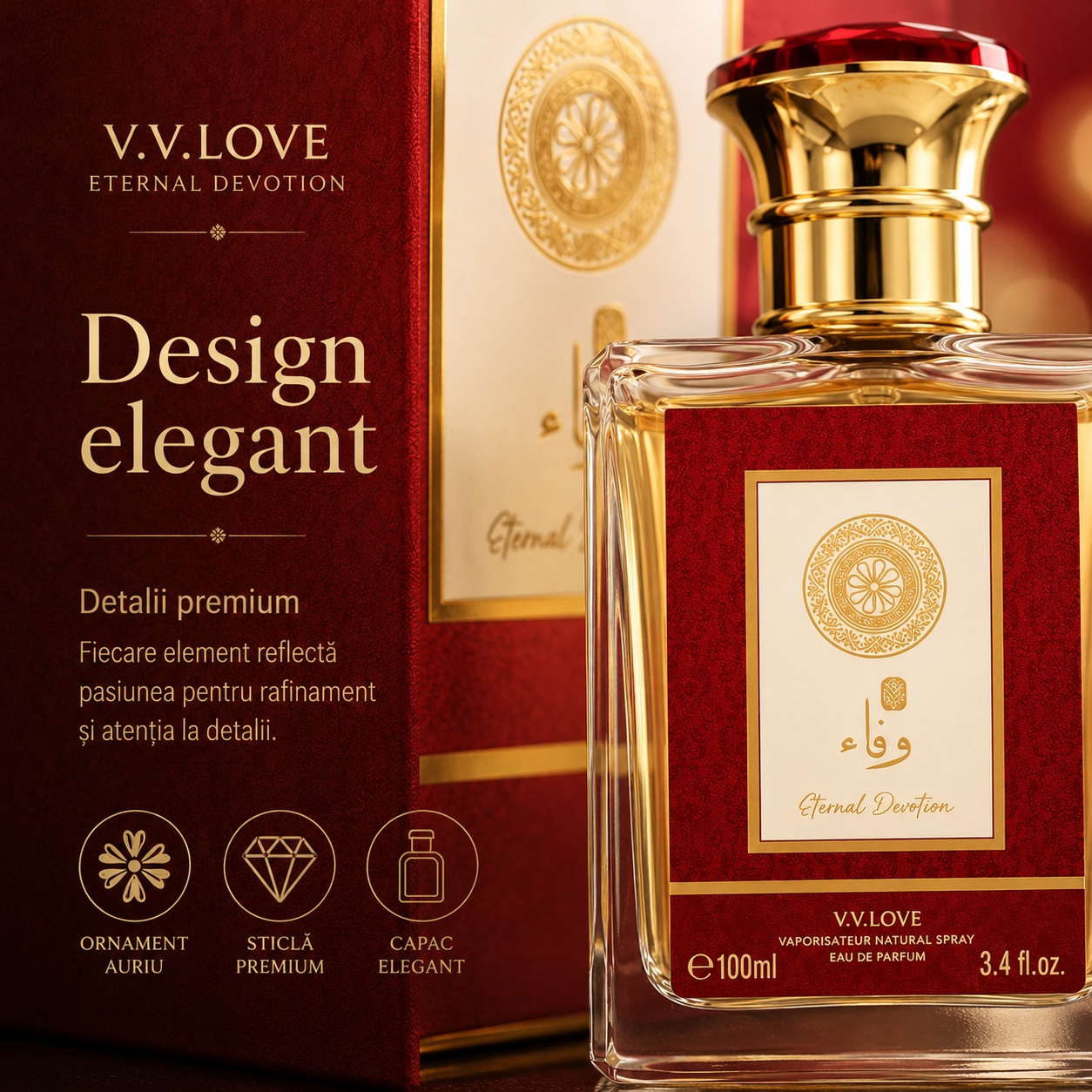V.V. Love Eternal Devotion design elegant detalii premium sticlă capac auriu