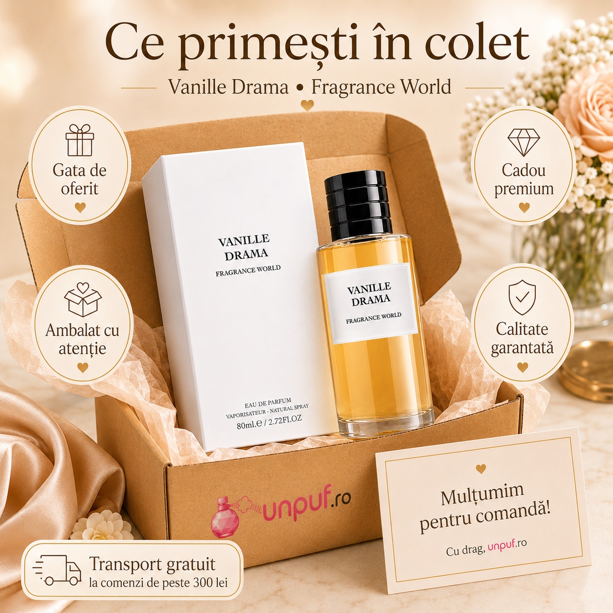 Ce primești în colet Vanille Drama Fragrance World parfum 80 ml ambalat cu atenție și pregătit pentru cadou