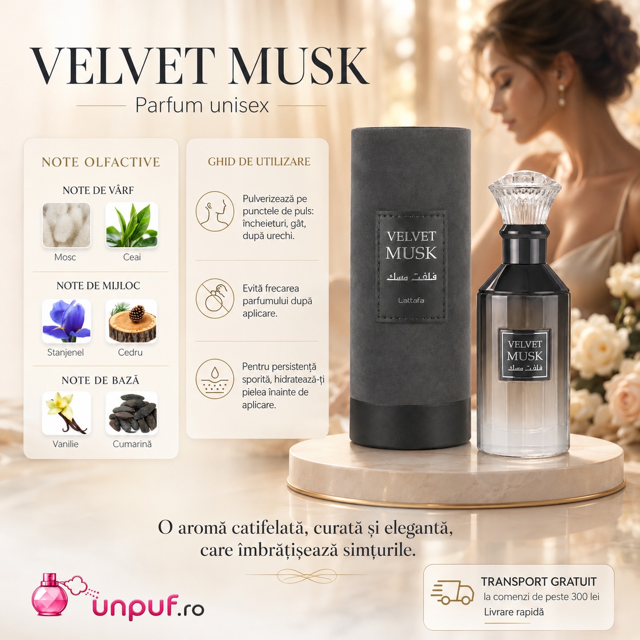 Velvet Musk Lattafa parfum unisex cu note de mosc, ceai, iris, cedru, vanilie și cumarină, ghid de utilizare