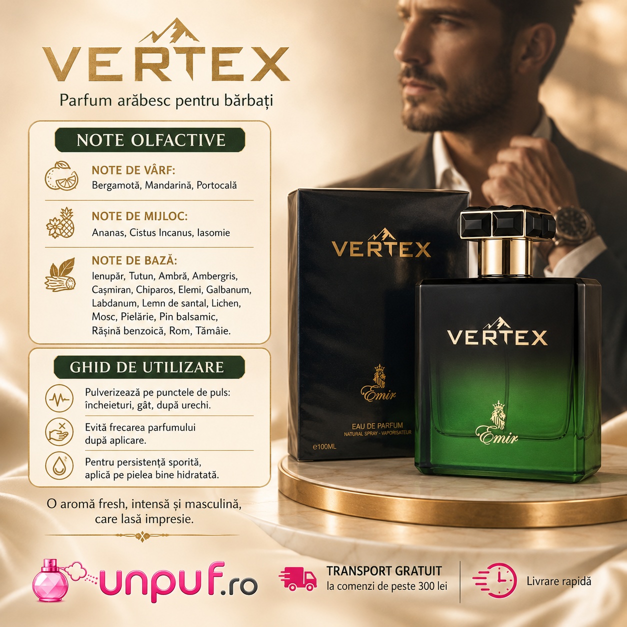 Note olfactive și ghid de utilizare Vertex Emir cu bergamotă, mandarină, portocală, ananas, iasomie, pielărie, tutun, ambră și tămâie