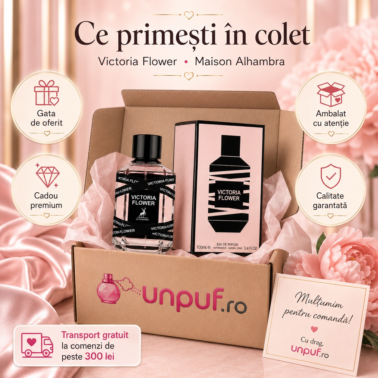 Ce primești &icirc;n colet Victoria Flower Maison Alhambra parfum arabesc de damă ambalat cu atenție de unpuf.ro