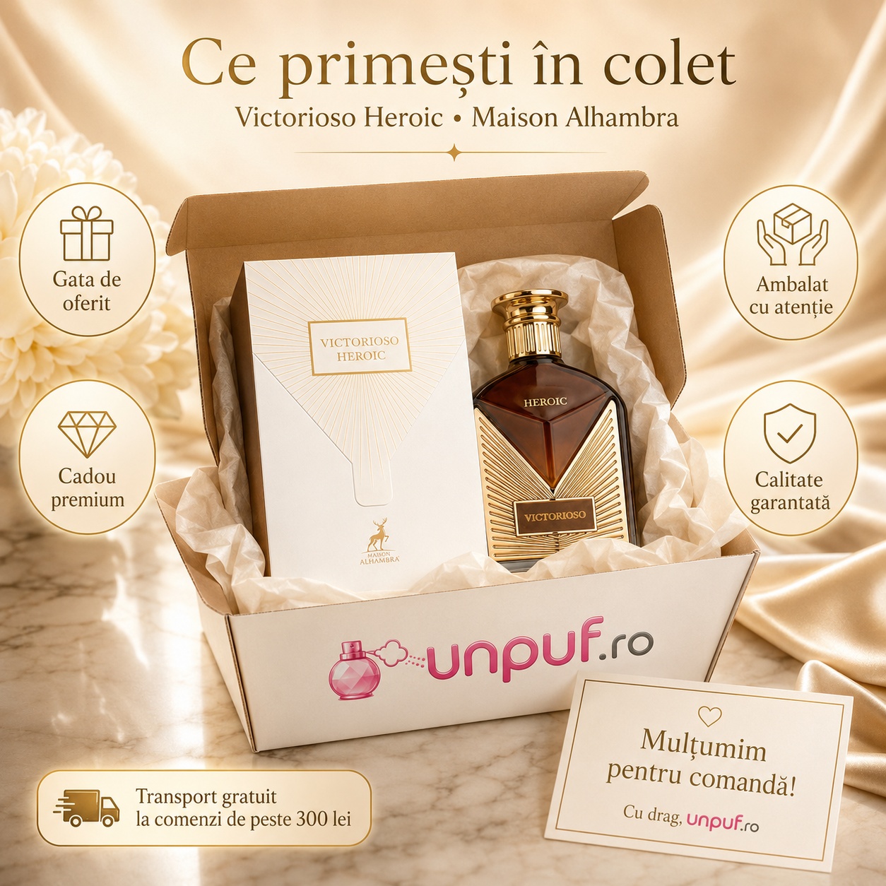 Ce primești &icirc;n colet Victorioso Heroic Maison Alhambra parfum arabesc bărbătesc ambalat cu atenție de unpuf.ro