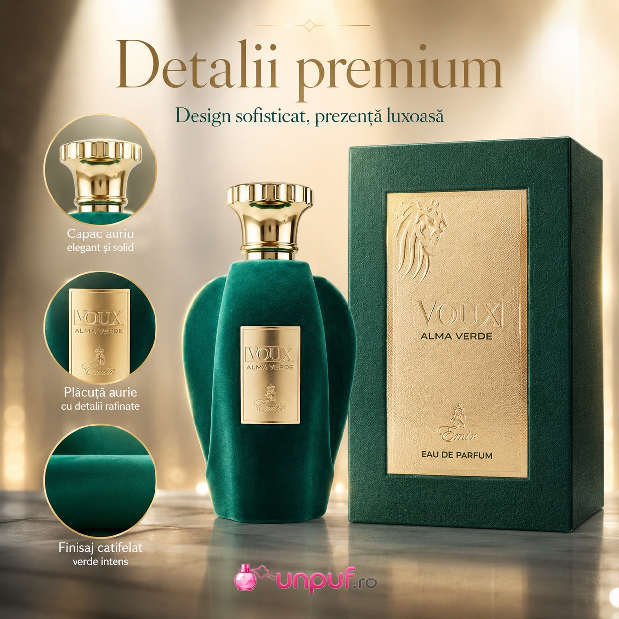 Voux Alma Verde Emir detalii premium capac auriu placă aurie și finisaj catifelat verde intens