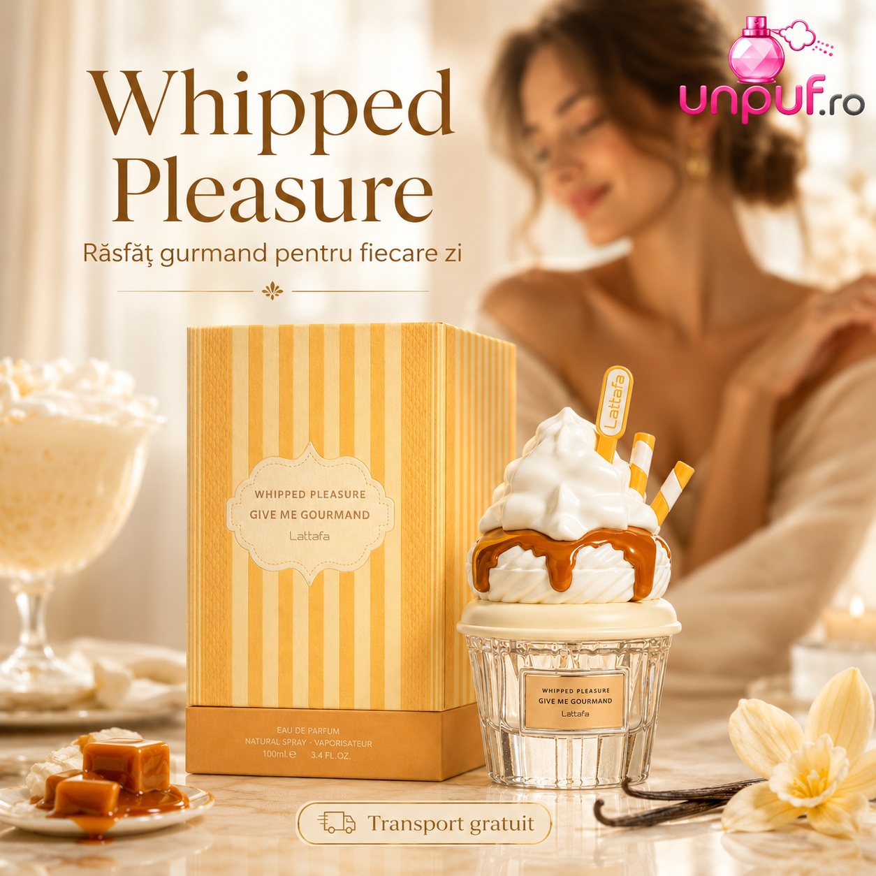 Whipped Pleasure Lattafa parfum unisex 75 ml cu flacon desert și cutie premium, răsfăț gurmand pentru fiecare zi