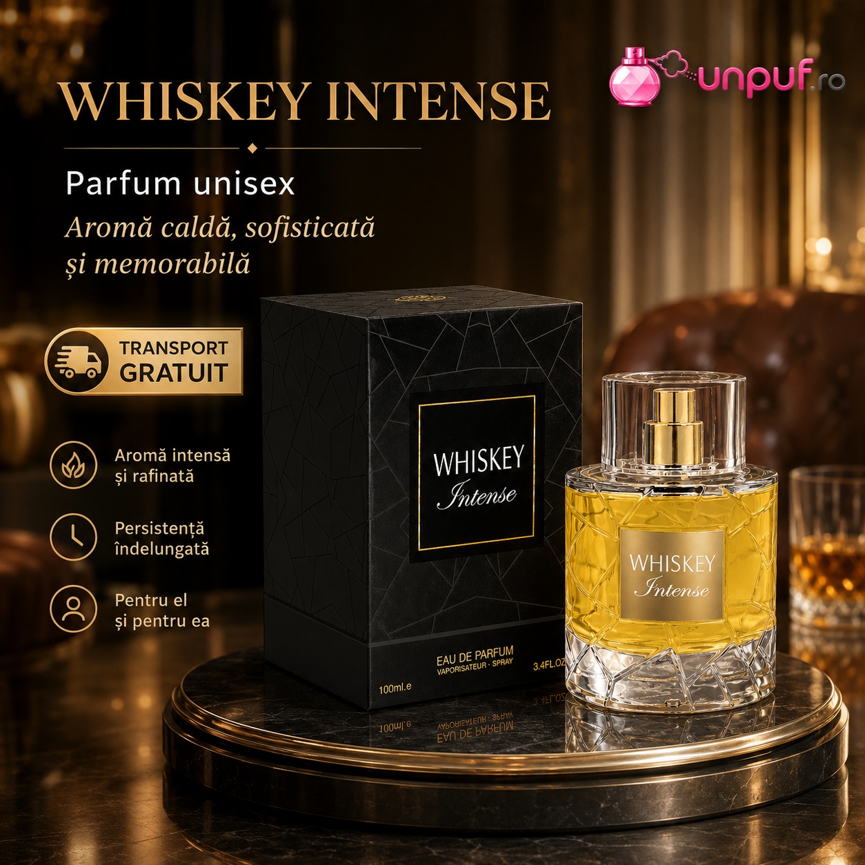 Whiskey Intense Fragrance World parfum arăbesc unisex cu prezentare premium și transport gratuit la comenzi eligibile