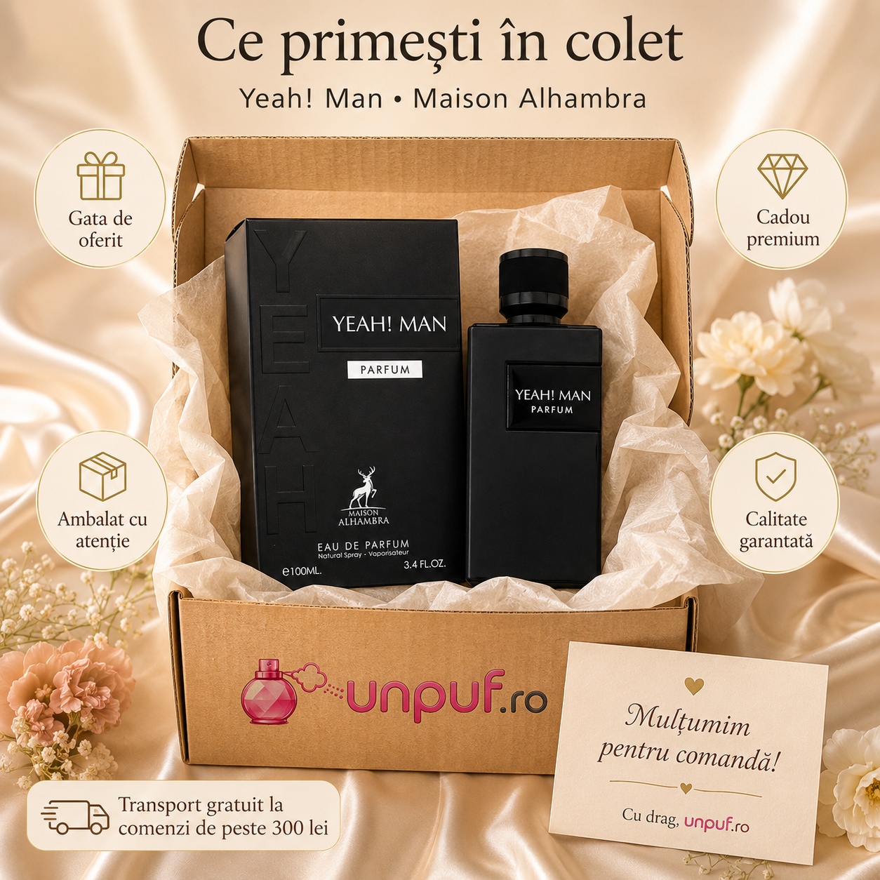 Ce primești &icirc;n colet Yeah Man Parfum Maison Alhambra parfum arabesc bărbătesc ambalat cu atenție de unpuf.ro