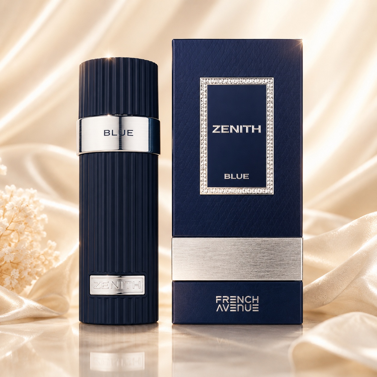 Parfum Zenith Blue Eau de Parfum 100ml French Avenue, sticlă bleumarin și cutie premium cu detalii argintii