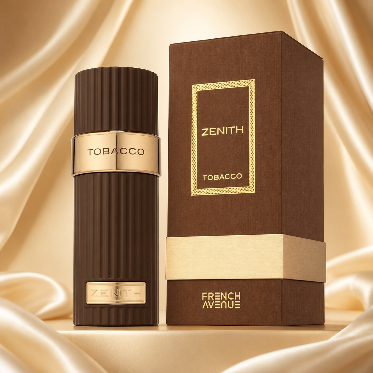 Parfum Zenith Tobacco Eau de Parfum 100ml French Avenue, sticlă maro cu detalii aurii și cutie premium