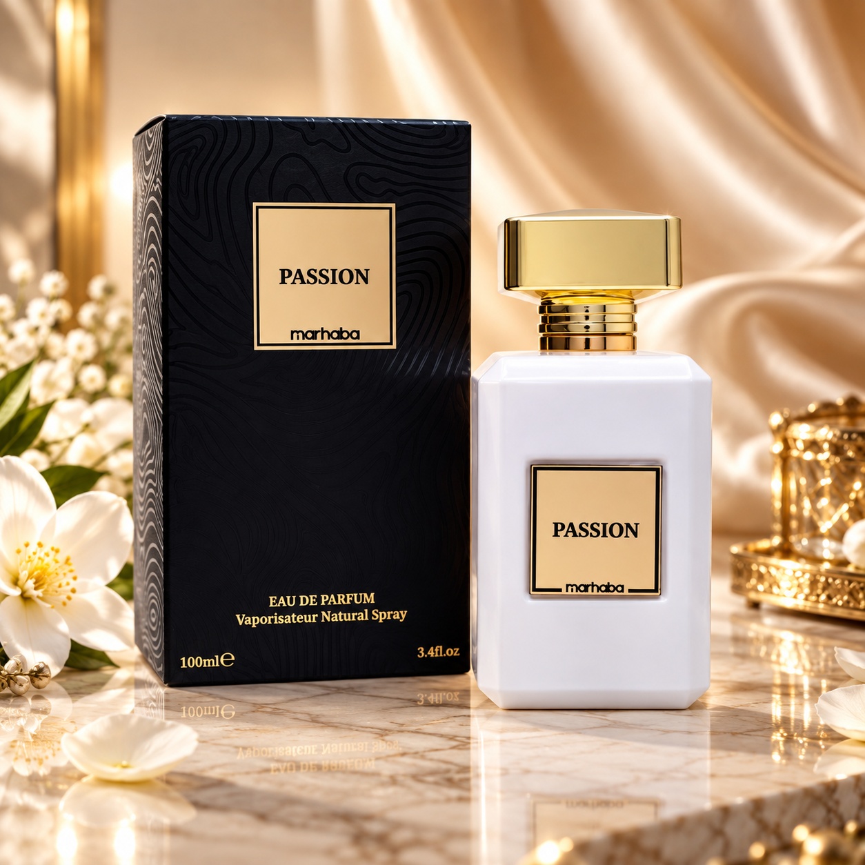 Passion Marhaba Eau de Parfum 100 ml parfum de damă cu sticlă albă și cutie neagră premium