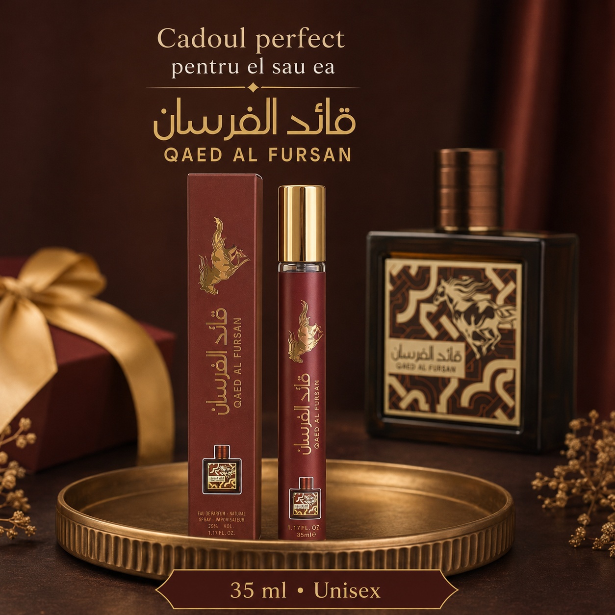Qaed Al Fursan 35 ml cadoul perfect pentru el sau ea, parfum unisex elegant bordo cu detalii aurii