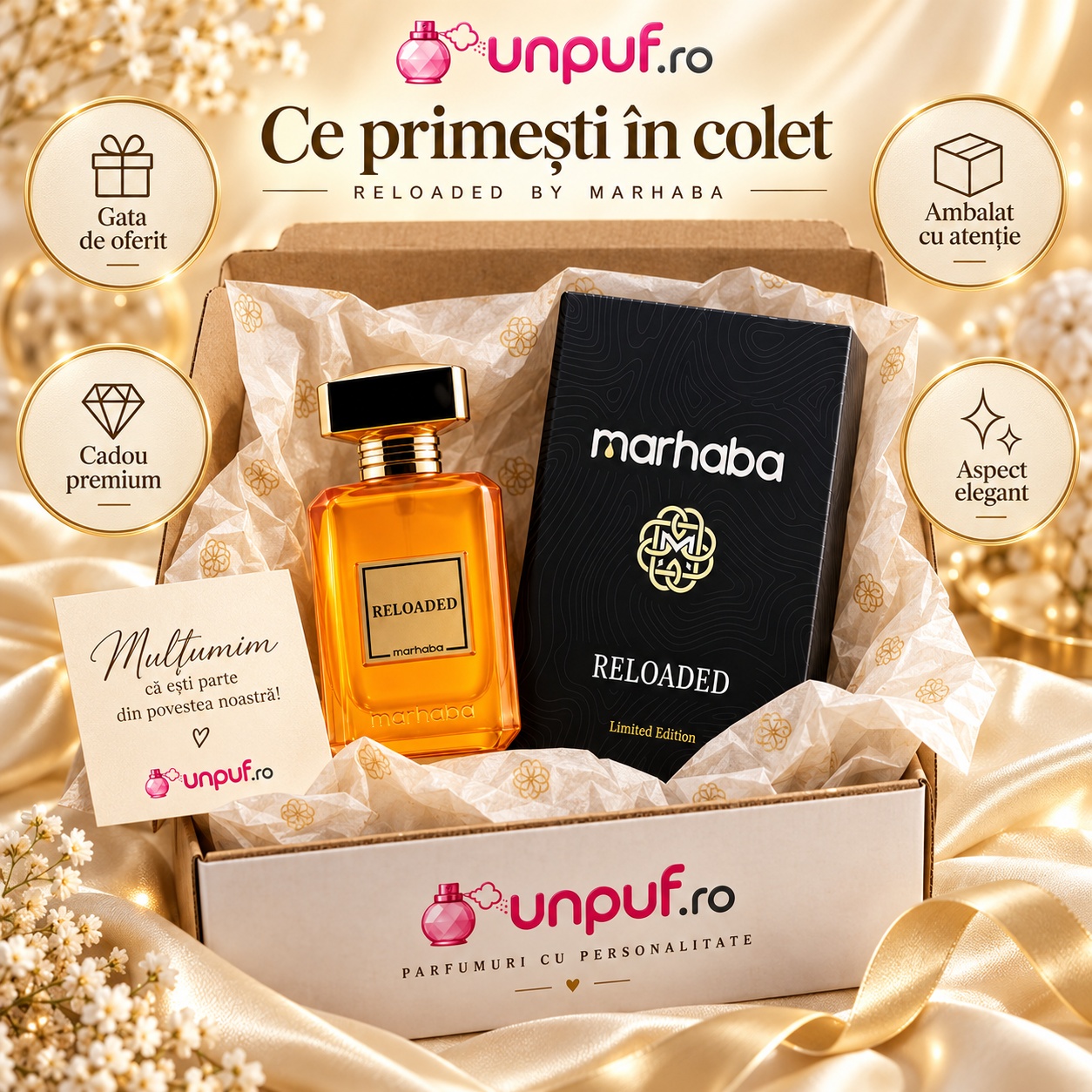 Ce primești în colet Reloaded Marhaba Extract de Parfum 100 ml ambalat premium pentru cadou