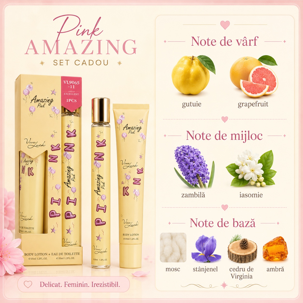 Note olfactive Amazing Pink gutuie grapefruit zambilă iasomie mosc st&acirc;njenel cedru de Virginia ambră