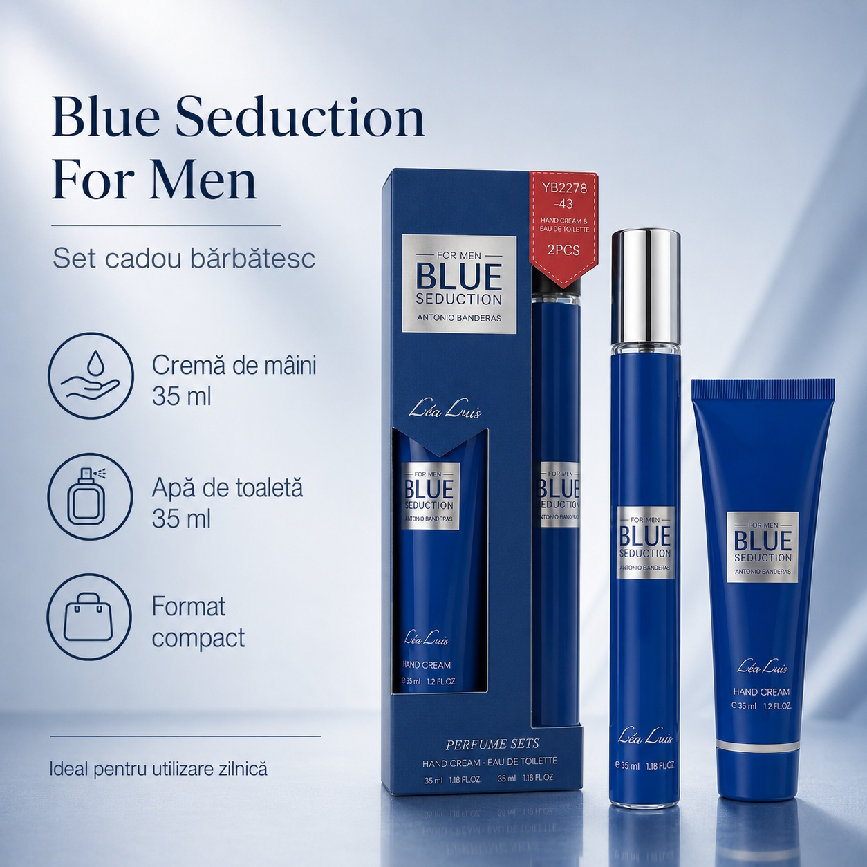 Blue Seduction For Men set cadou bărbătesc, cremă de m&acirc;ini 35 ml și apă de toaletă 35 ml, format compact