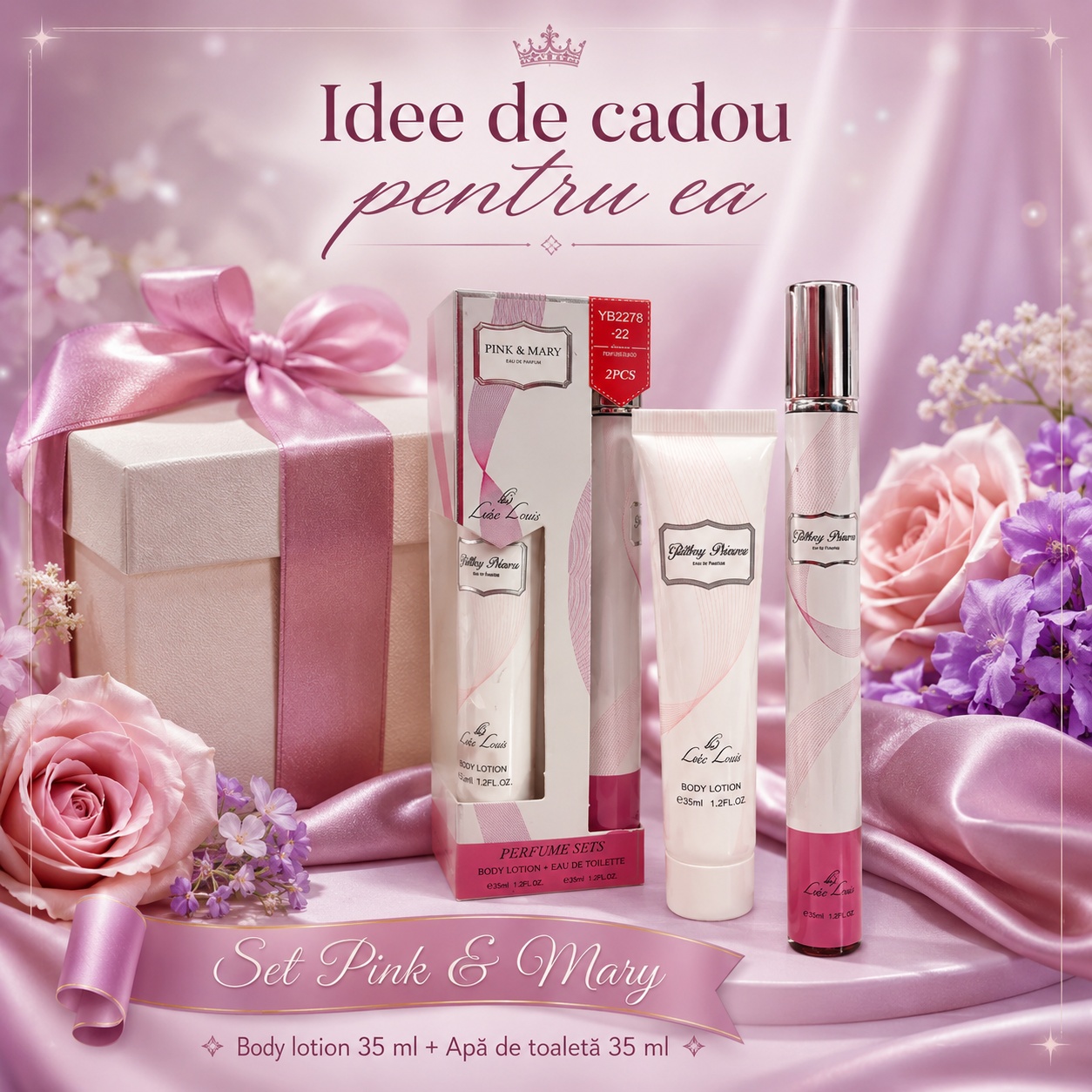 Set Pink and Mary Glitter Princess 2x35 ml idee de cadou pentru ea, parfum 35 ml și body lotion 35 ml