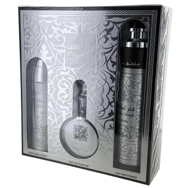 Lattafa Fakhar Man set cadou original argintiu negru cu trei recipiente parfum 100 ml spray corp 200 ml si odorizant 300 ml