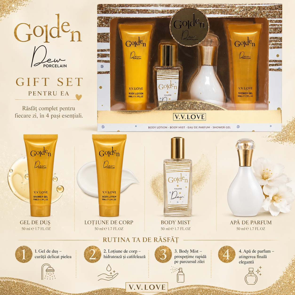 Cum se folosește setul V.V. Love Golden Dew Porcelain 4 piese