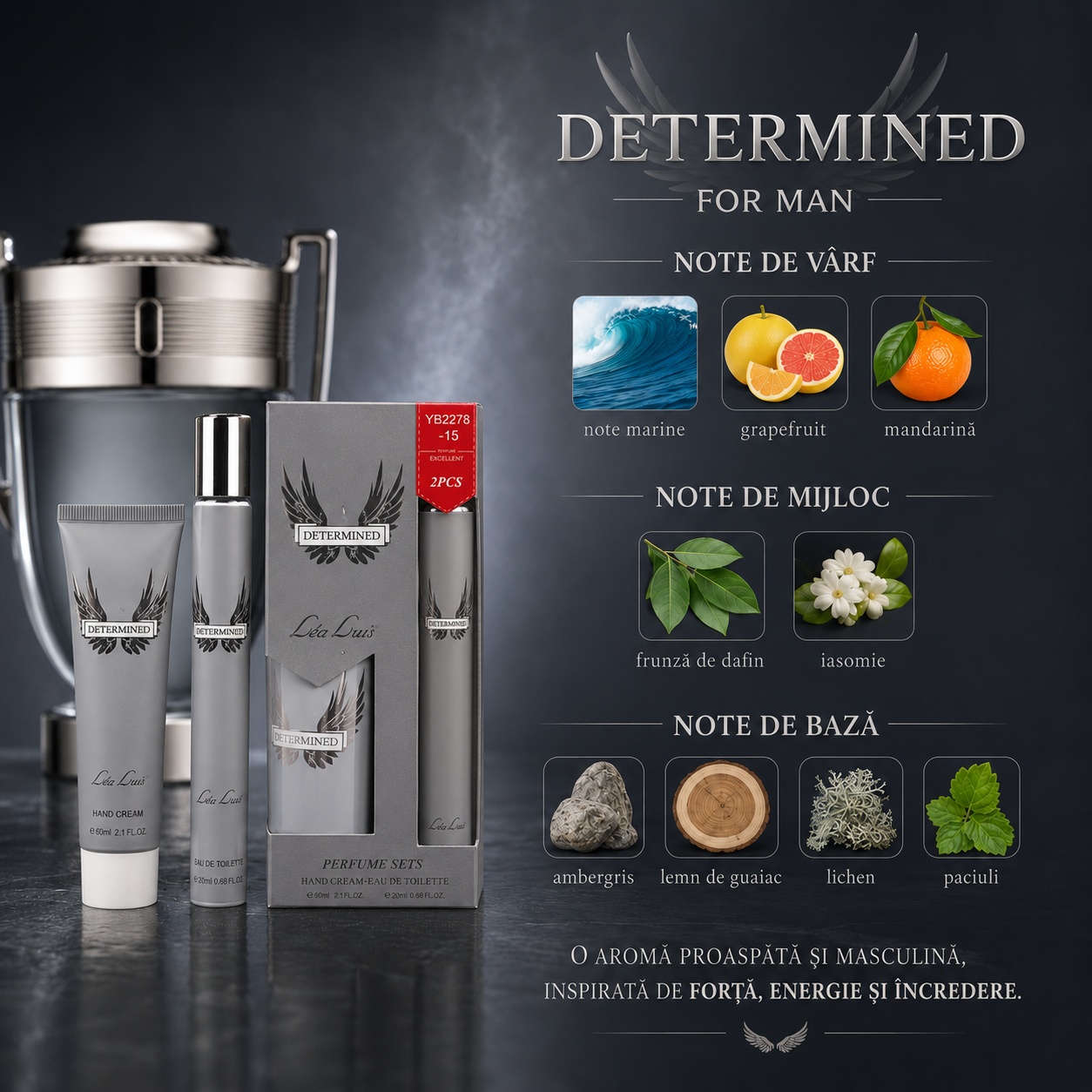 Note olfactive Determined For Man: note marine, grapefruit, mandarină, frunză de dafin, iasomie, ambergris, lemn de guaiac, lichen și paciuli