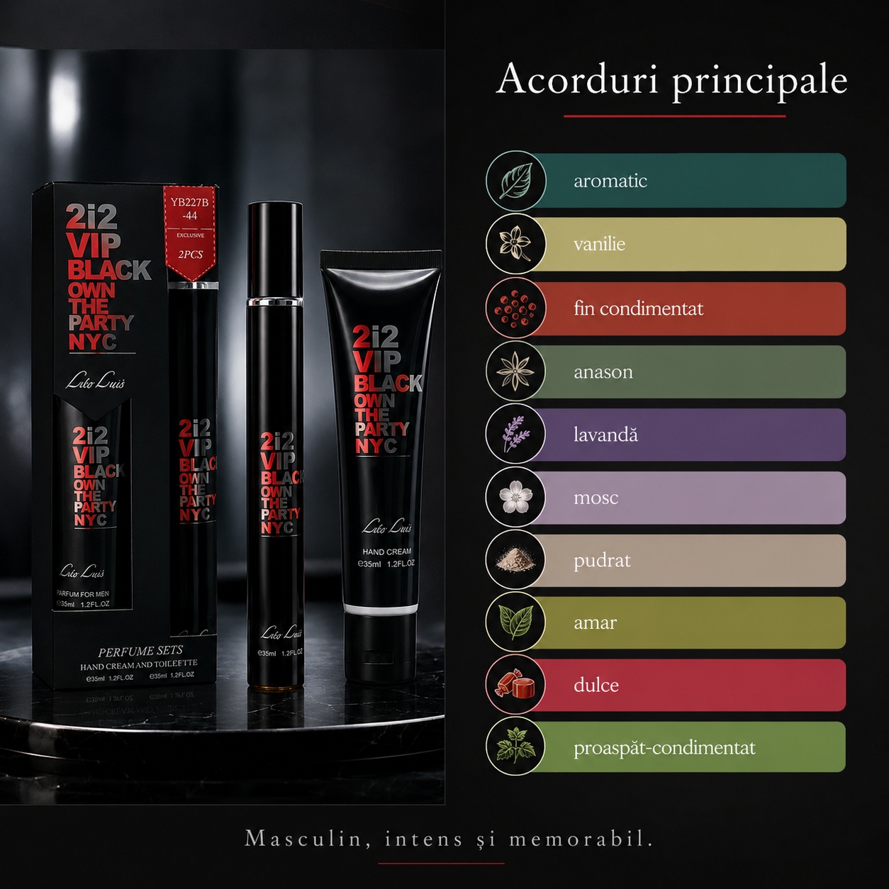 Acorduri principale 212 VIP Black aromatic vanilie fin condimentat anason lavandă mosc pudrat amar dulce proaspăt condimentat